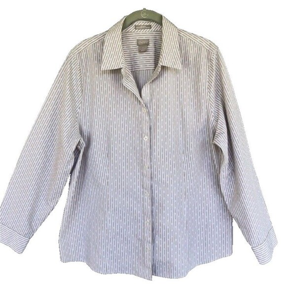 Chico’s 2 No Iron Button Shirt Womens L 12/14 White Cream Stripe Coolmax Preppy - Picture 1 of 12